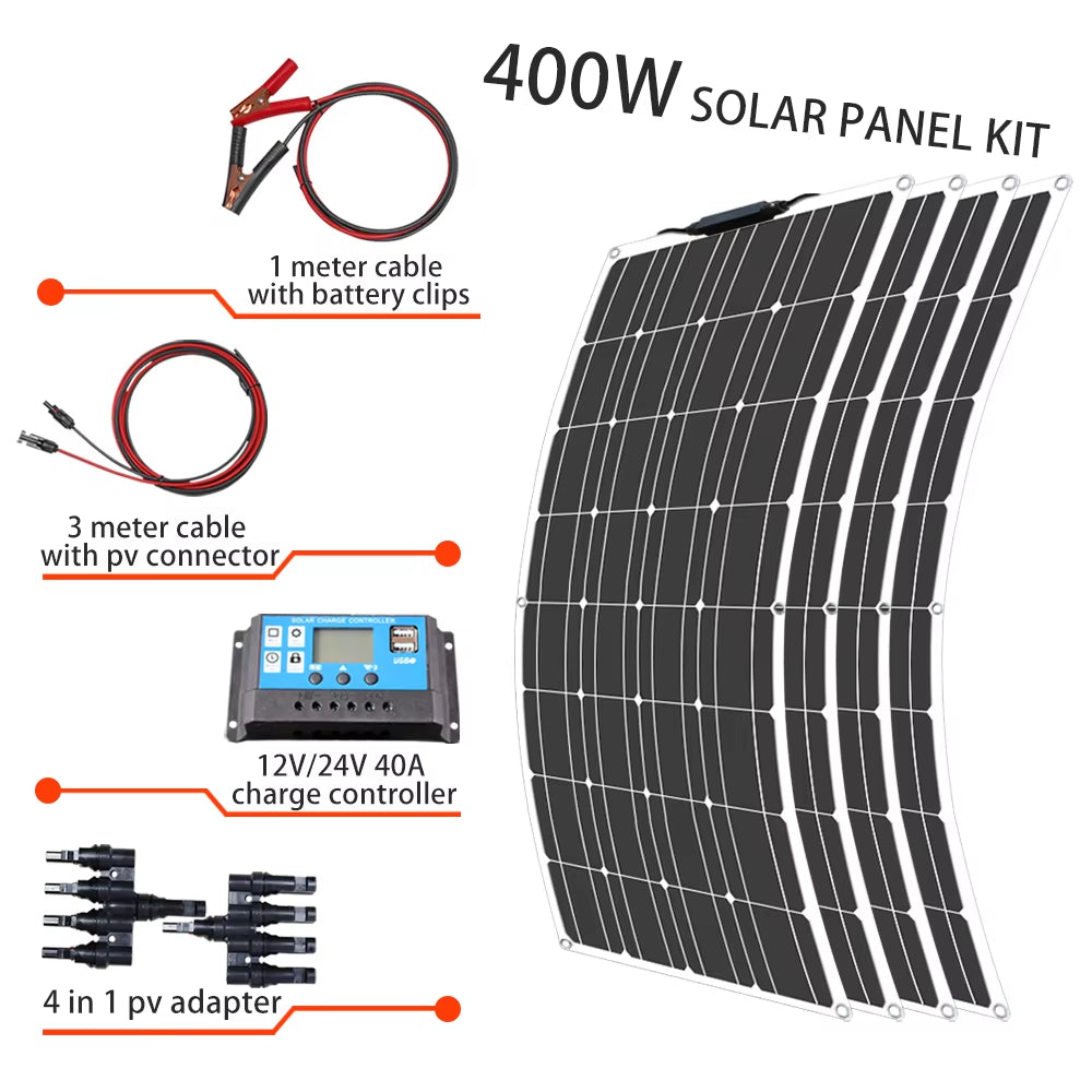 Solar Panel Kit Complete 400W 300W 200W 100W 12V Flexible Solar Power Panel for Solar Battery Charger/Power Bank/Camping/Hiking