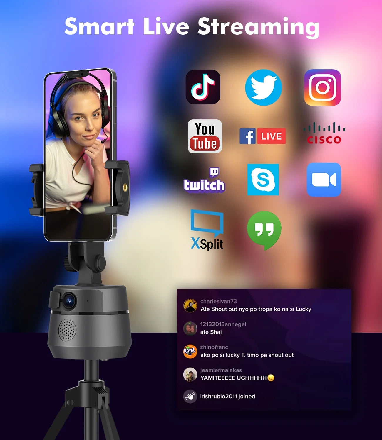 Webcam with Microphone 360° Auto Face Tracking 1080P