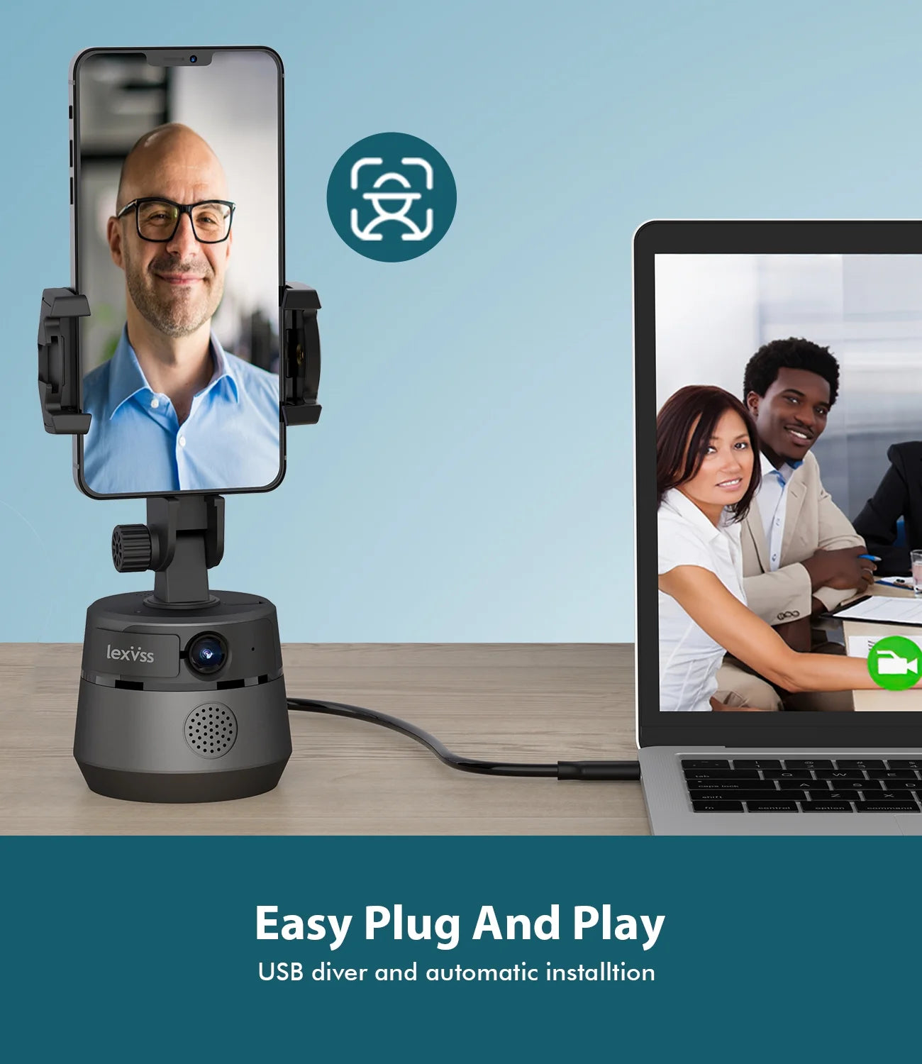 Webcam with Microphone 360° Auto Face Tracking 1080P