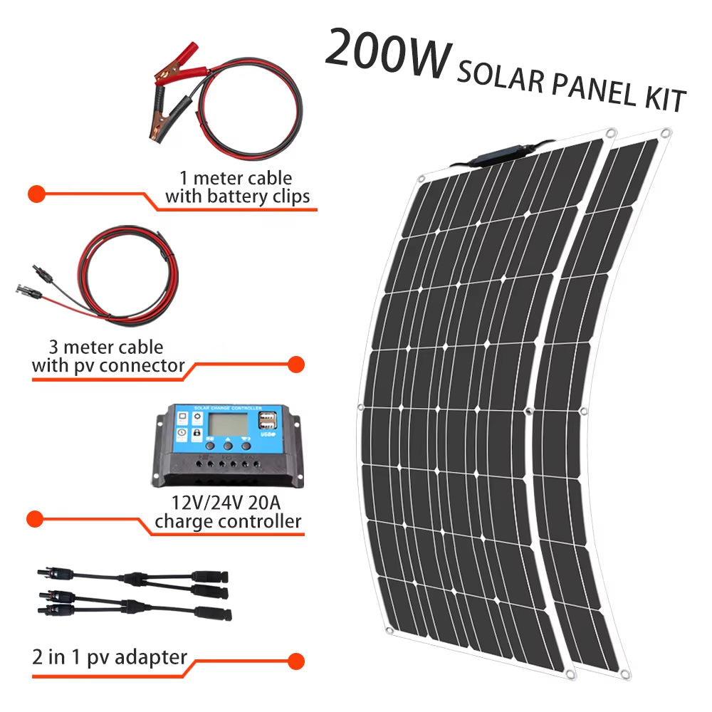 Solar Panel Kit Complete 400W 300W 200W 100W 12V Flexible Solar Power Panel for Solar Battery Charger/Power Bank/Camping/Hiking