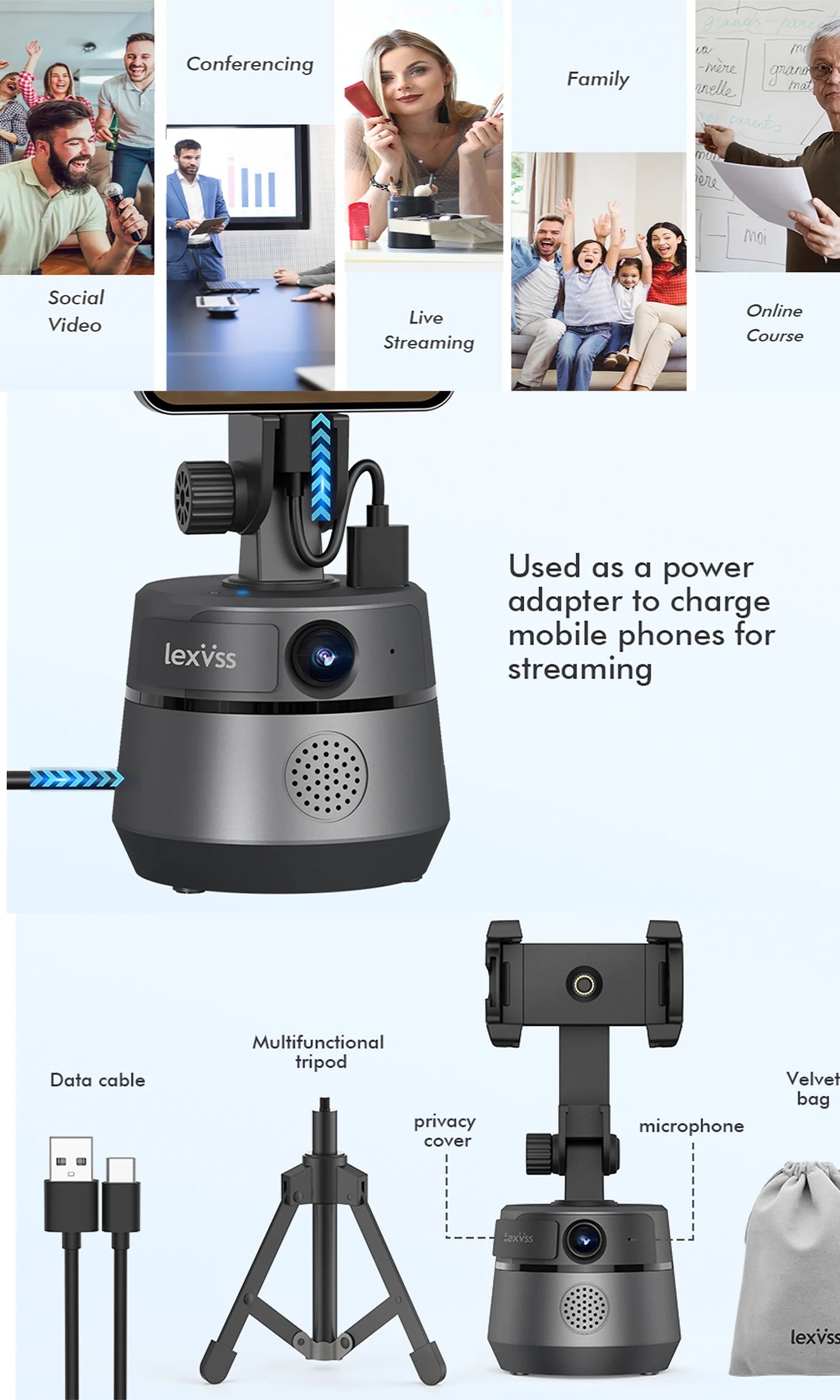 Webcam with Microphone 360° Auto Face Tracking 1080P