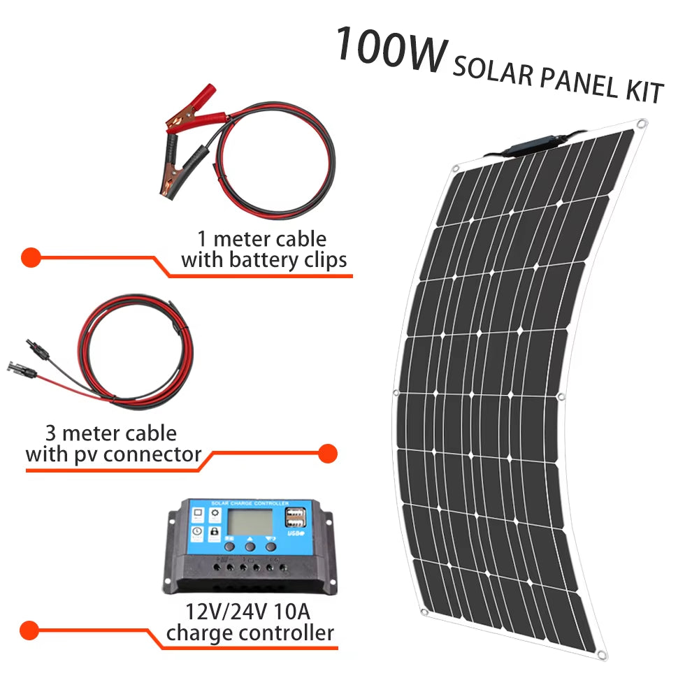 Solar Panel Kit Complete 400W 300W 200W 100W 12V Flexible Solar Power Panel for Solar Battery Charger/Power Bank/Camping/Hiking