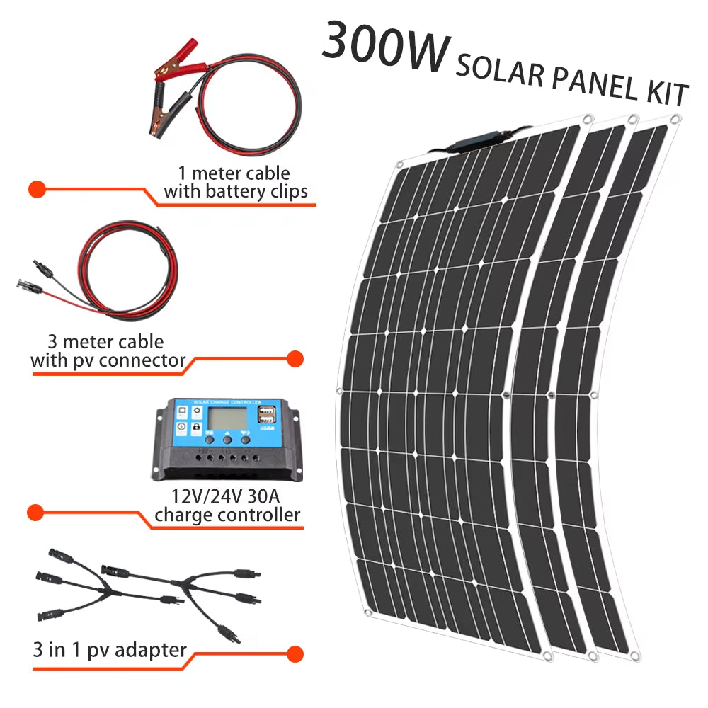 Solar Panel Kit Complete 400W 300W 200W 100W 12V Flexible Solar Power Panel for Solar Battery Charger/Power Bank/Camping/Hiking
